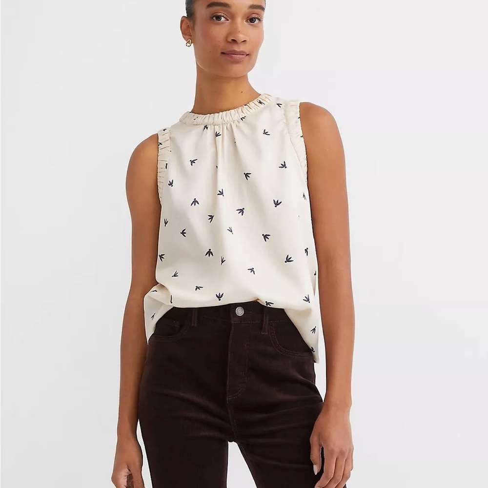 LOFT Ruched Trim Sleeveless Shell with Blue Bird Pattern